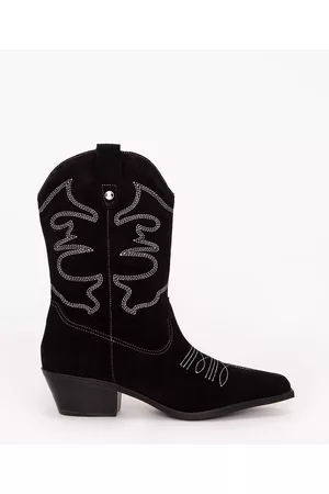 C&A Bota country de camurça com bordado salto baixo cano médio bottero preta