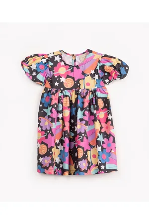 C&A Vestido de algodão infantil floral manga curta bufante