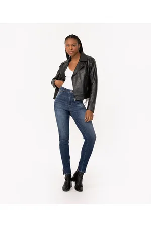 C&A Calça jeans skinny slit cintura alta com bolsos escuro