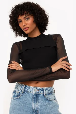 C&A Cropped de tule assimétrico manga longa