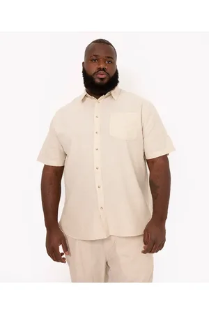 C&A Camisa plus size com linho manga curta branco - kaki