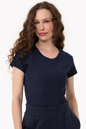 C&A Camiseta de flamê básica manga curta decote redondo marinho