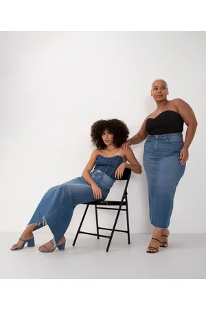 C&A Saia jeans longa com fenda cintura super alta médio