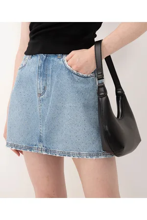 C&A Saia jeans com brilhos cintura alta com bolsos médio
