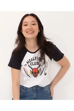 C&A Camiseta juvenil de malha stranger things manga curta raglan preta