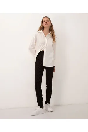 C&A Calça legging risca de giz cintura alta com elástico preta