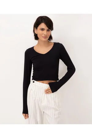 C&A Cropped canelado decote v manga longa
