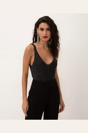 C&A Blusa em tricot lurex decote v alça fina preta