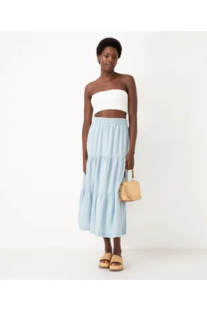 C&A Saia jeans midi com recorte cintura alta com elástico médio