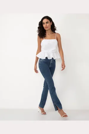 C&A Calça jeans reta cintura alta com fenda sawary médio