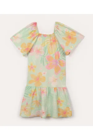 C&A Vestido infantil floral manga curta com babado colorido