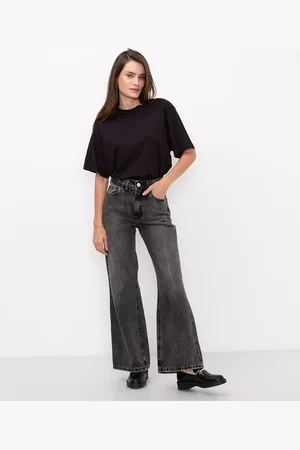 calça de sarja wide leg cropped cintura super alta com bolsos bege - C&A