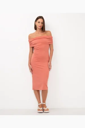 C&A Vestido midi ombro a ombro com franzido rosa