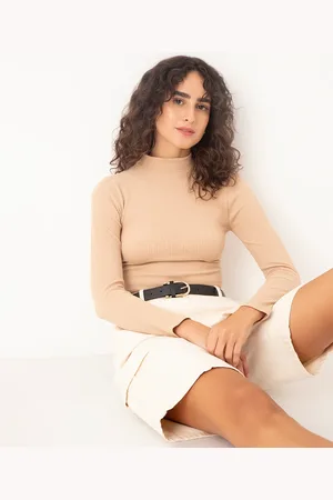 C&A Cropped de poliamida básico canelado gola alta manga longa bege