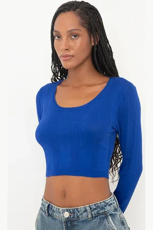 C&A Cropped de tricot canelado manga longa azul