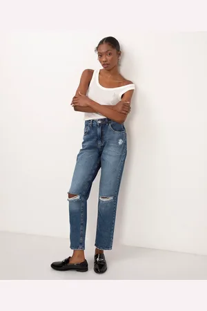 C&A Calça jeans mom cintura super alta destroyed azul escuro