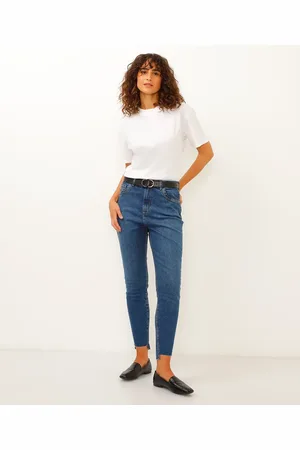 C&A Calça jeans skinny cintura super alta barra assimétrica azul