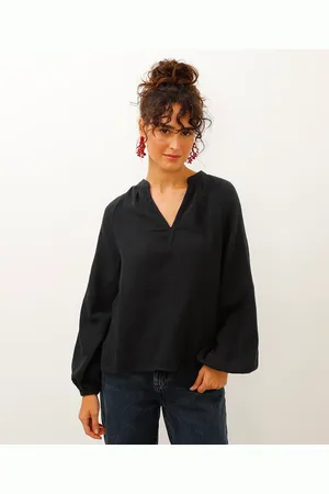 C&A Blusa bata de algodão decote v manga longa preta