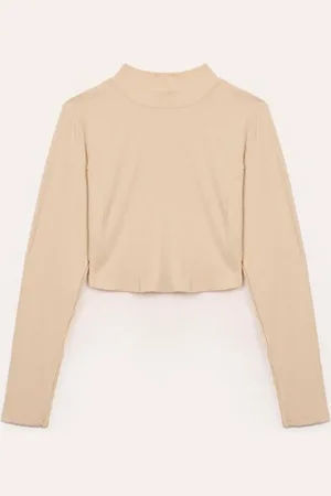C&A Cropped de viscose juvenil canelado com recorte manga longa bege