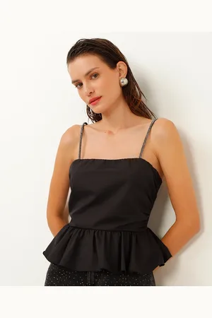 C&A Regata com babado alça fina de strass preta