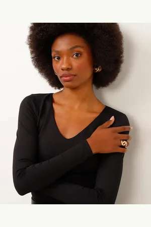 C&A Blusa cropped decote v manga longa preta