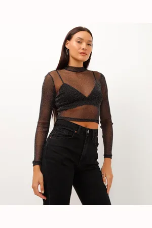C&A Blusa cropped gola alta com brilho preta