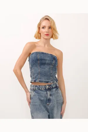 C&A Top cropped jeans sem alça com recortes azul
