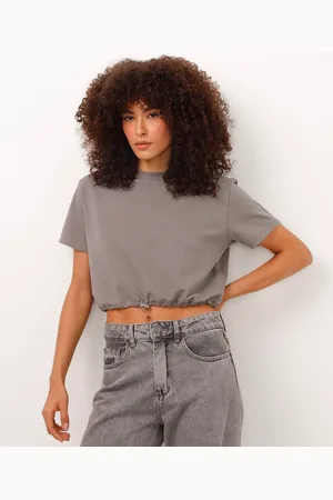 C&A Camiseta cropped de moletinho com elástico na barra cinza