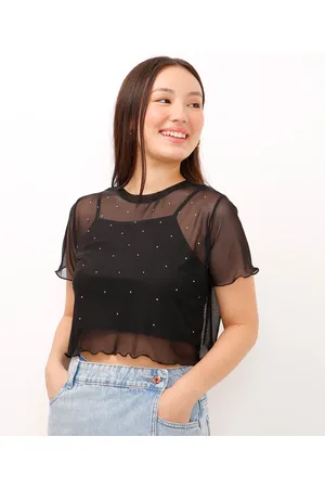 C&A Blusa de tule juvenil com brilho manga curta preta