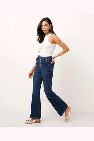 C&A Calça boot cut jeans cintura super alta com botões azul