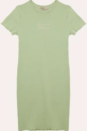 C&A Vestido de algodão juvenil canelado fru fru verde