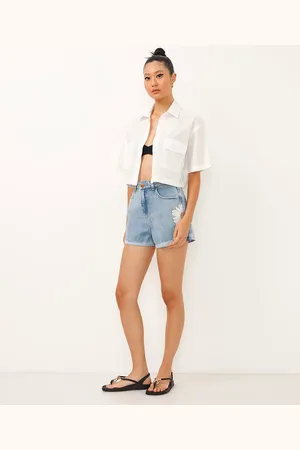 C&A Short mom jeans cintura super alta margarida azul