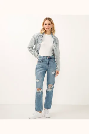 C&A Calça mom jeans cintura super alta destroyed azul