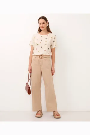 C&A Calça de sarja wide leg cropped com cinto bege