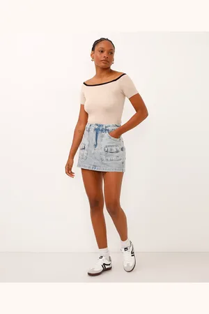 C&A Short saia jeans cintura alta com bolso cargo azul