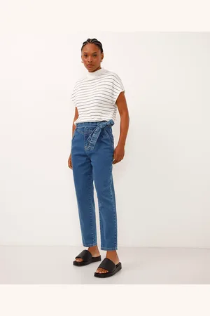 C&A Calça mom jeans cintura alta com cinto faixa sawary azul
