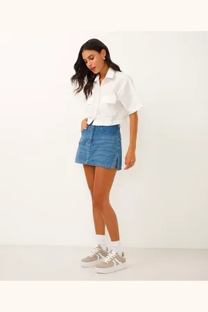 C&A Short saia jeans cintura alta com fenda azul