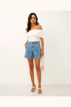 C&A Bermuda mom jeans cintura alta com pregas azul