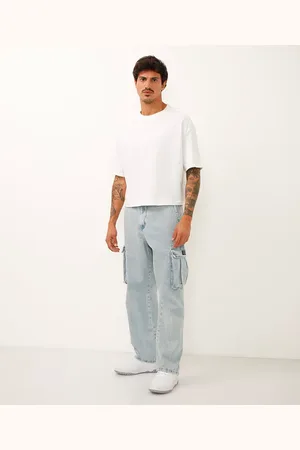 C&A Calça wide leg jeans com bolsos cargo azul