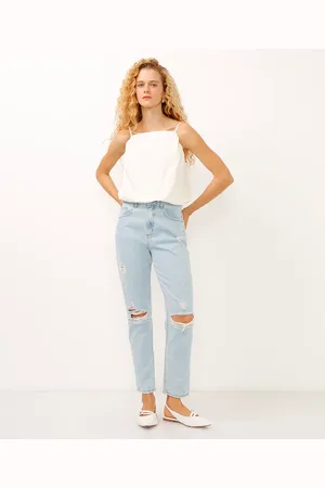 C&A Calça mom jeans cintura alta destroyed azul