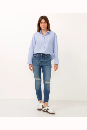 C&A Calça skinny jeans cintura alta destroyed barra assimétrica azul