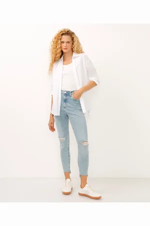 C&A Calça skinny jeans cintura alta barra assimétrica destroyed azul