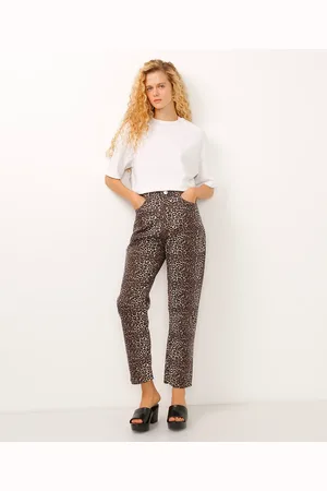 C&A Calça reta de sarja cintura alta animal print preta