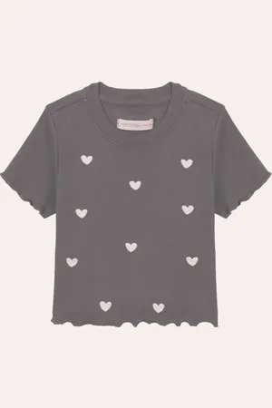 C&A Camiseta de algodão juvenil manga curta coração com fru fru cinza