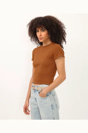 C&A Blusa baby look manga curta canelada marrom
