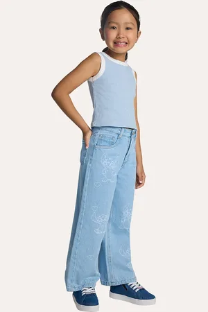 C&A Calça wide leg jeans infantil stitch azul
