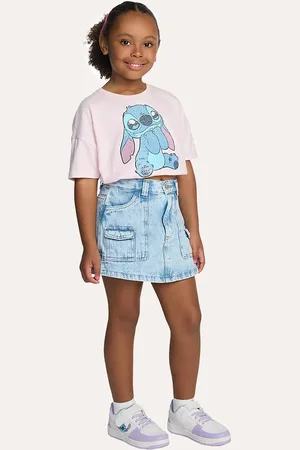 C&A Blusa de algodão infantil disney stitch com paetê manga curta rosa neon