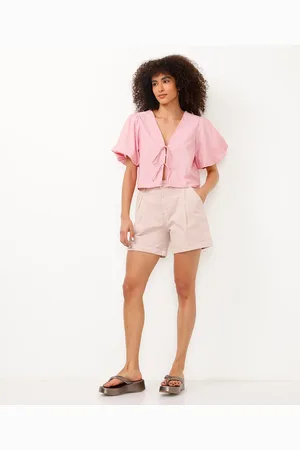 C&A Bermuda mom de sarja cintura alta barra dobrada rosa