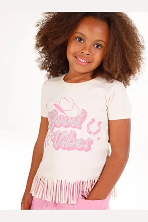C&A Camiseta de algodão infantil franjinhas na barra bege