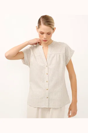 C&A Camisa com linho gola padre listrada bege